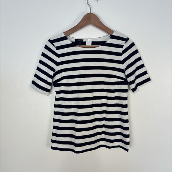 Talbots Womens P Navy Blue and White Stripe Short Sleeve Tee Tshirt Top Zipper - Picture 1 of 7
